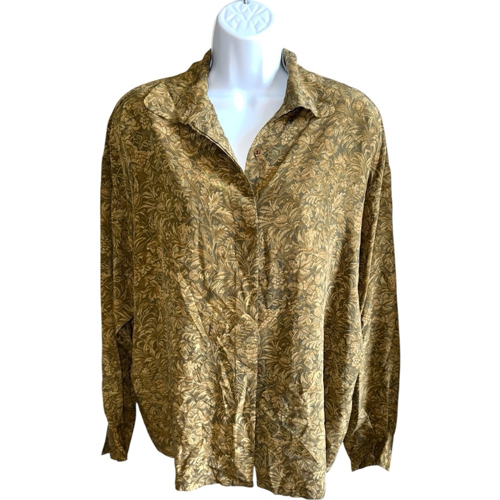 NEW Vintage Linda Allard Ellen Tracy 100% Silk Green Button Up Blouse - 14